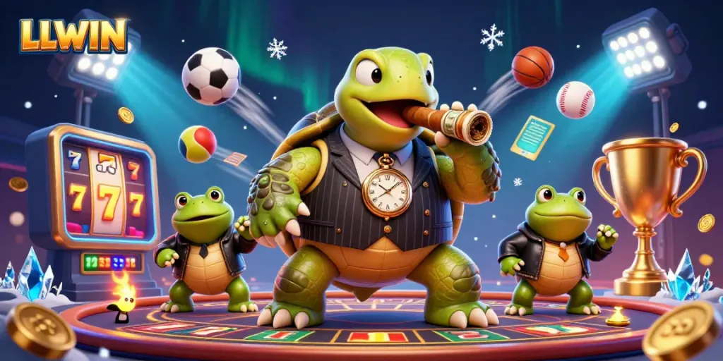 LLWIN captures the thrill of slots with a snapping turtle gambler and dynamic casino elements.