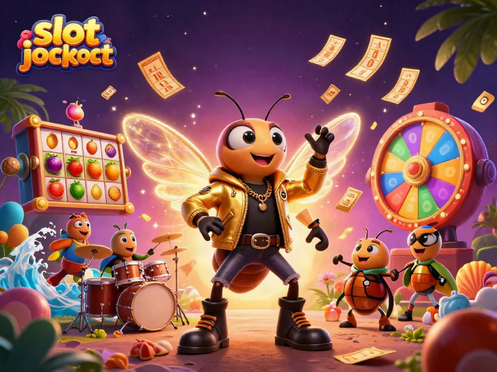Experience the thrill of a slot jackpot with buzzing characters, reels, and golden prizes in vibrant casino colors.
