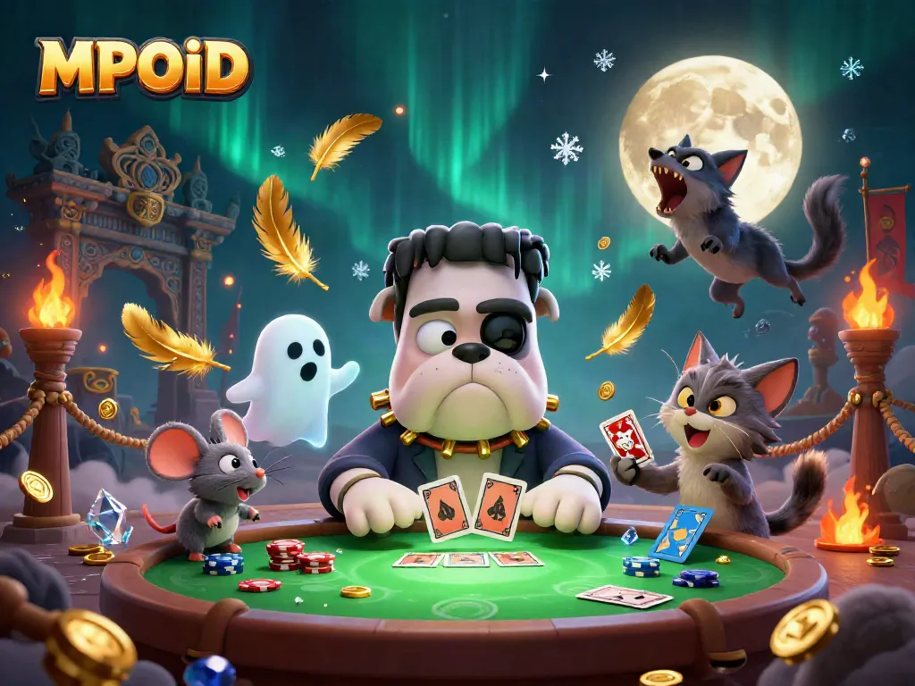 Experience thrilling MPOID gaming illustrated with a playful bulldog dealer and enchanting characters.