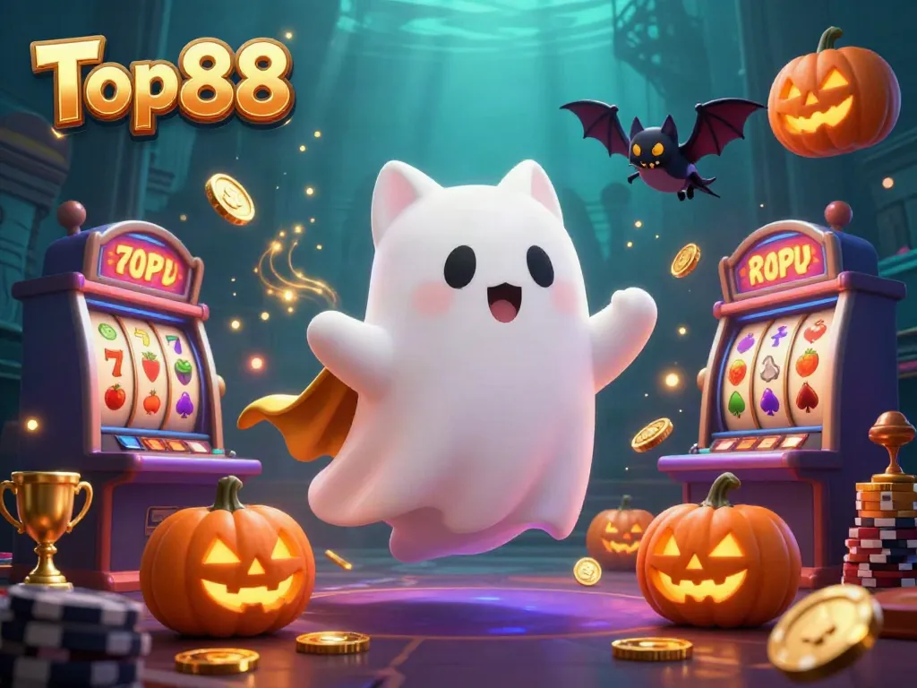 Experience gaming thrills with Top88 featuring a ghost cat, vibrant slots, and luminous jack-o-lanterns.