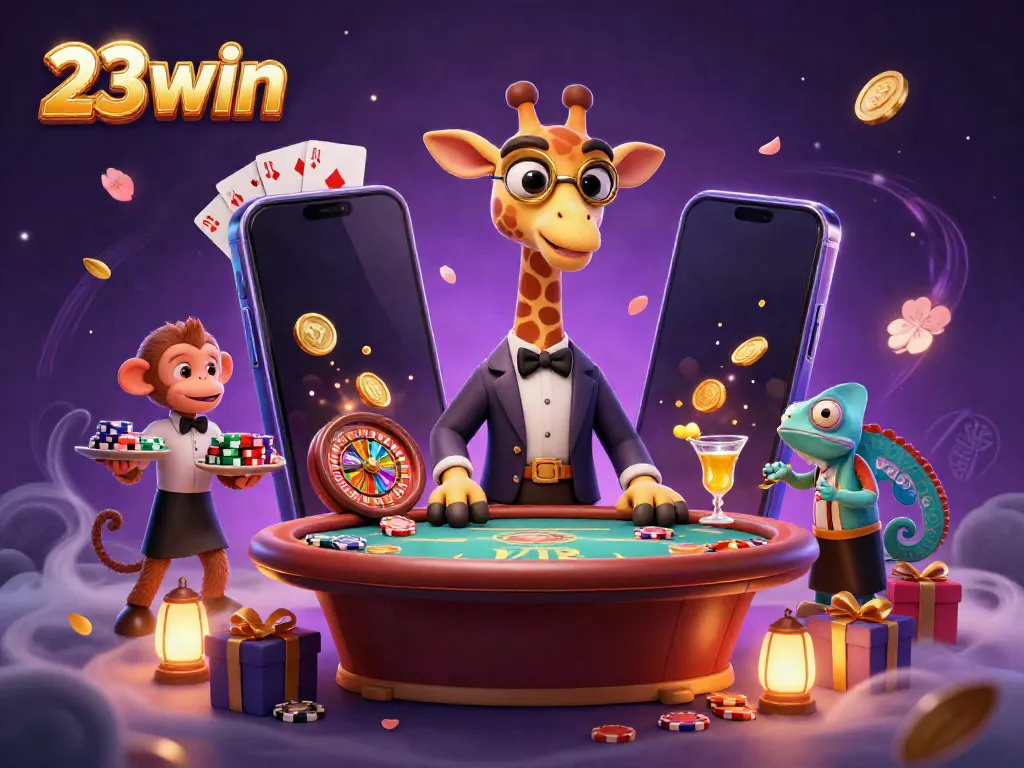 Experience exciting casino gaming with 23win's vibrant 3D illustration featuring high-roller giraffe, poker, and cocktails.