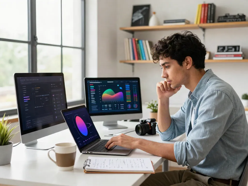 Digital marketing strategist analyzing data on a laptop at a stylish desk, optimizing for 링크사이트.