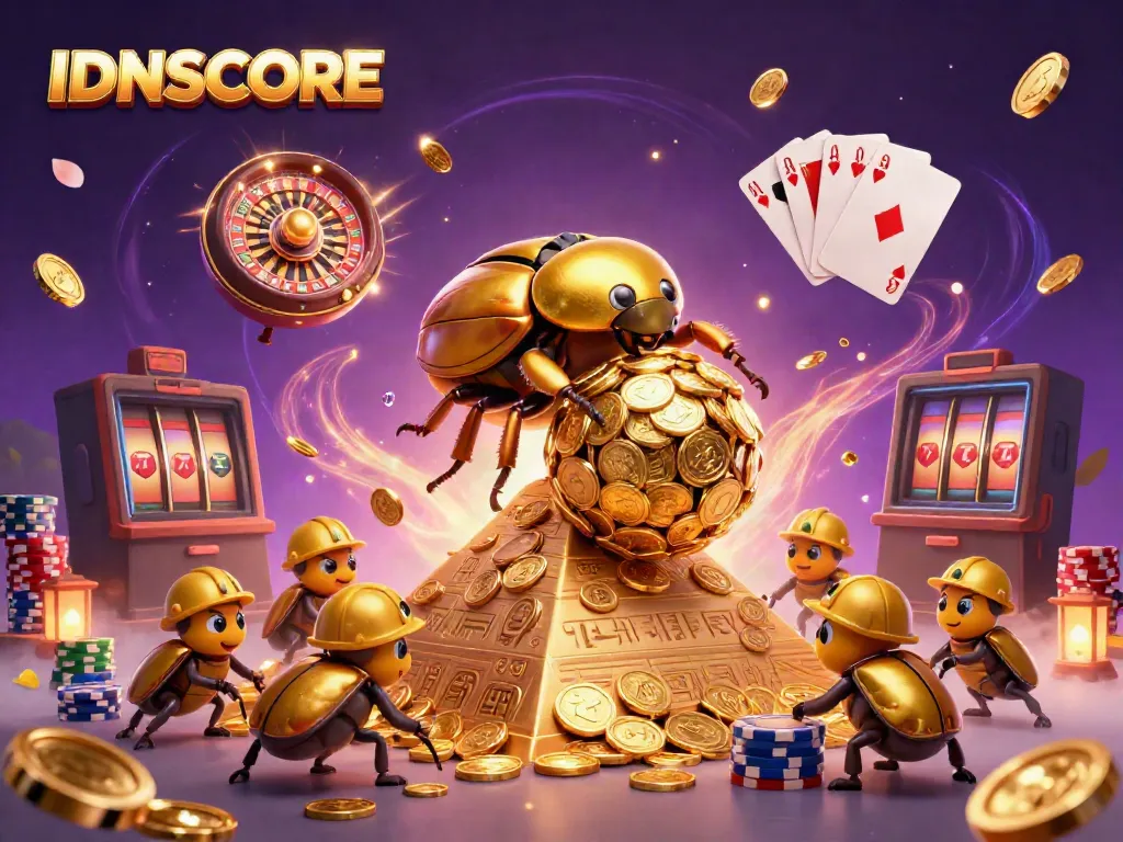 IDNSCORE platform showcases golden casino elements, beetles helping in a vibrant scene of gaming excitement.