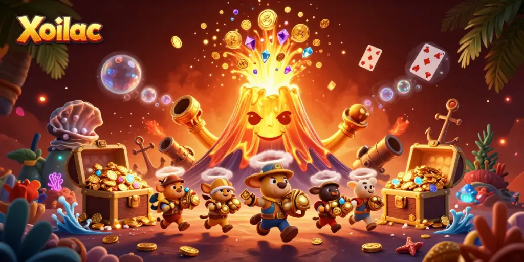 Xoilac's exciting golden volcano erupts with wealth while explorer animals rush for treasures in a vibrant casino theme