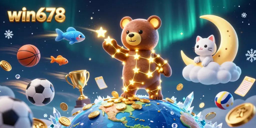 Join the excitement at win678 with a dazzling 3D scene of a constellation bear, coins, and sports elements.