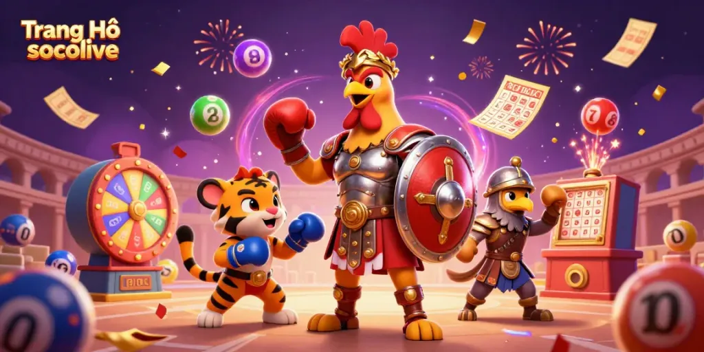 Experience excitement on Trang Chủ socolive with a dynamic casino illustration highlighting gaming elements and vibrant characters.