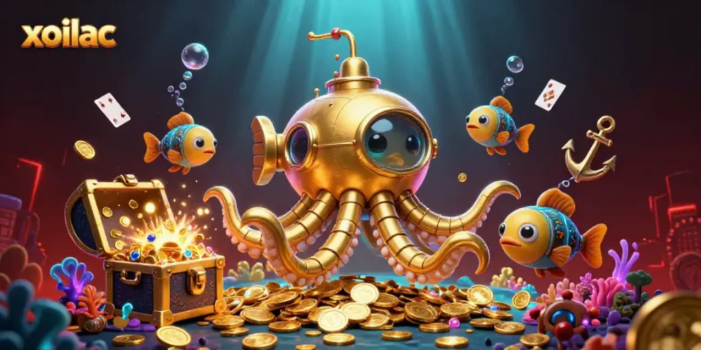Xoilac sports betting visual featuring a golden kraken submarine and mechanical fish in a sea of gold coins.
