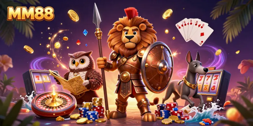 Experience the excitement of MM88 with a dynamic 3D scene featuring a Spartan lion and gaming elements.