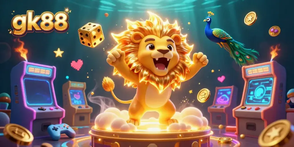 Experience the thrill of gk88 with a triumphant sun lion amid vibrant casino elements.