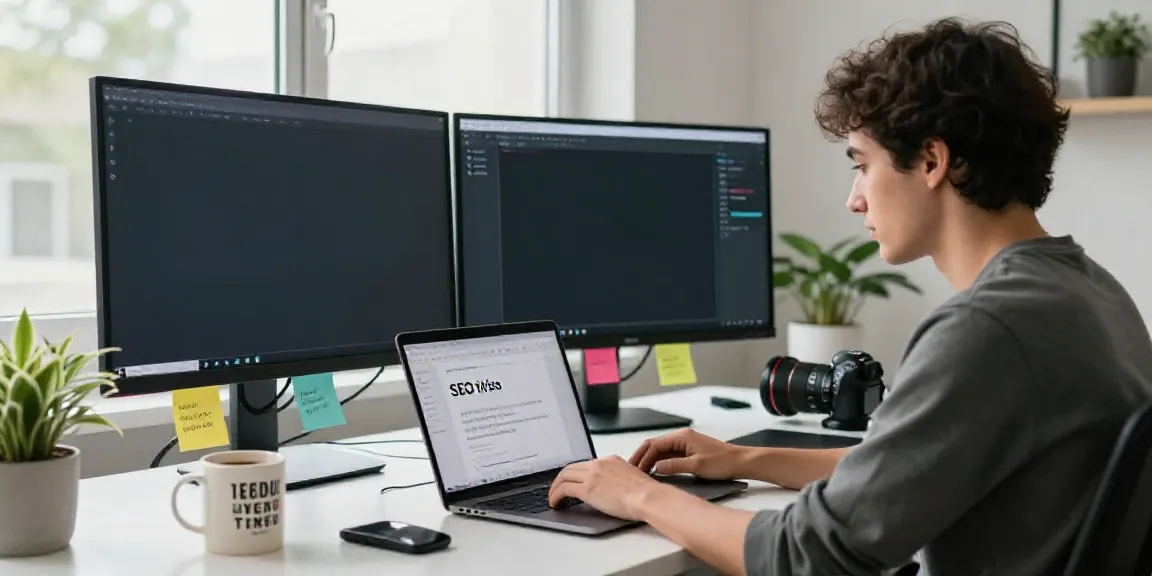 Professional using AI tools for SEO titles in a modern workspace.