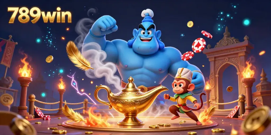 Experience thrilling moments with 789win's magical casino adventure featuring a powerful genie, poker chips, and rich elements.