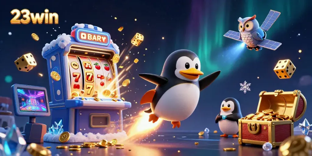 Experience casino thrills in 3D with 23win's golden penguin racing toward a giant poker chip space station.