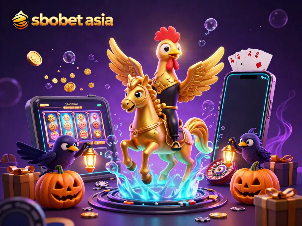 Experience sbobet asia with golden rooster and spectral horse in a vibrant casino setting.