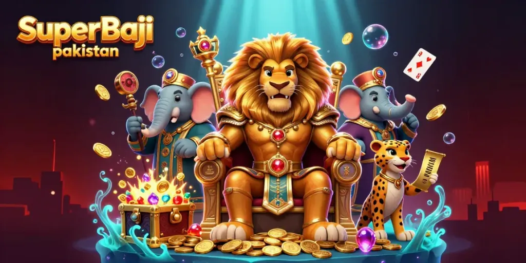 Engage with SuperBaji pakistan's vibrant casino scene featuring a majestic lion king, elephant advisor, and cheetah messenger in a rich, immersive gaming environment.