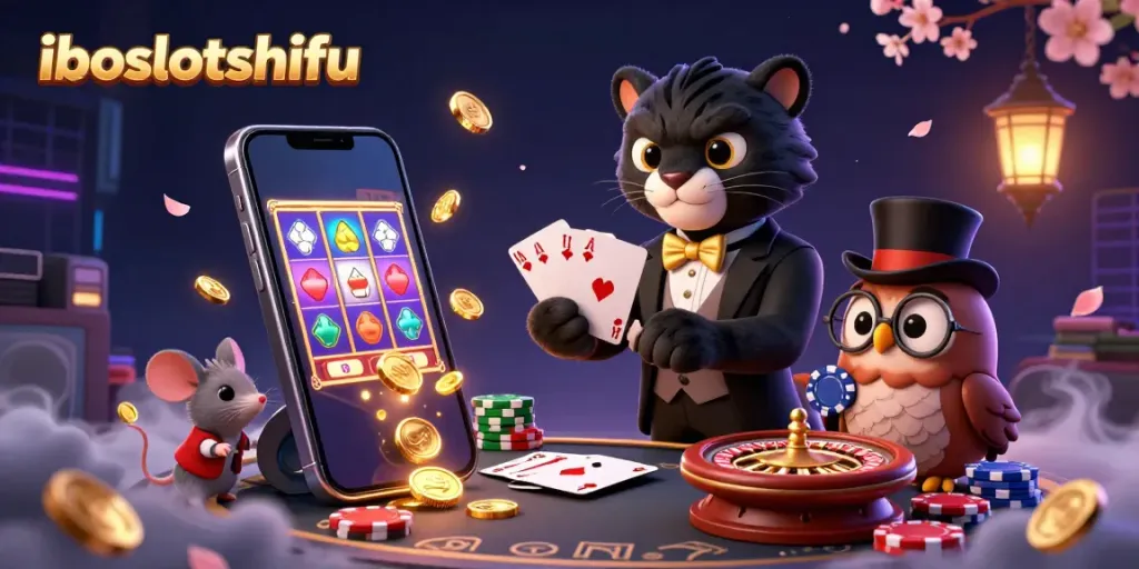 Experience thrilling gaming action with iboslotshifu as a stylish panther deals cards amidst vibrant slot elements.
