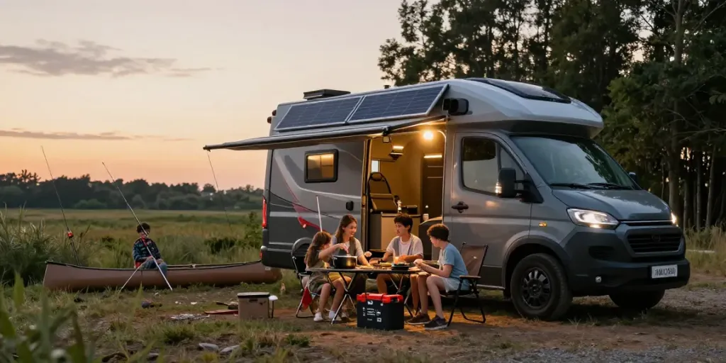 Family enjoying an outdoor meal powered by a 12v lithium battery during sunset.