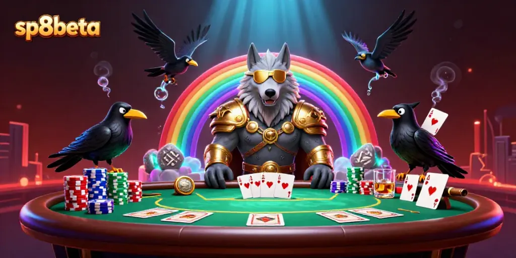 Join Odin and his ravens in a vibrant sp8beta casino experience amidst colorful poker chips and glowing symbols.