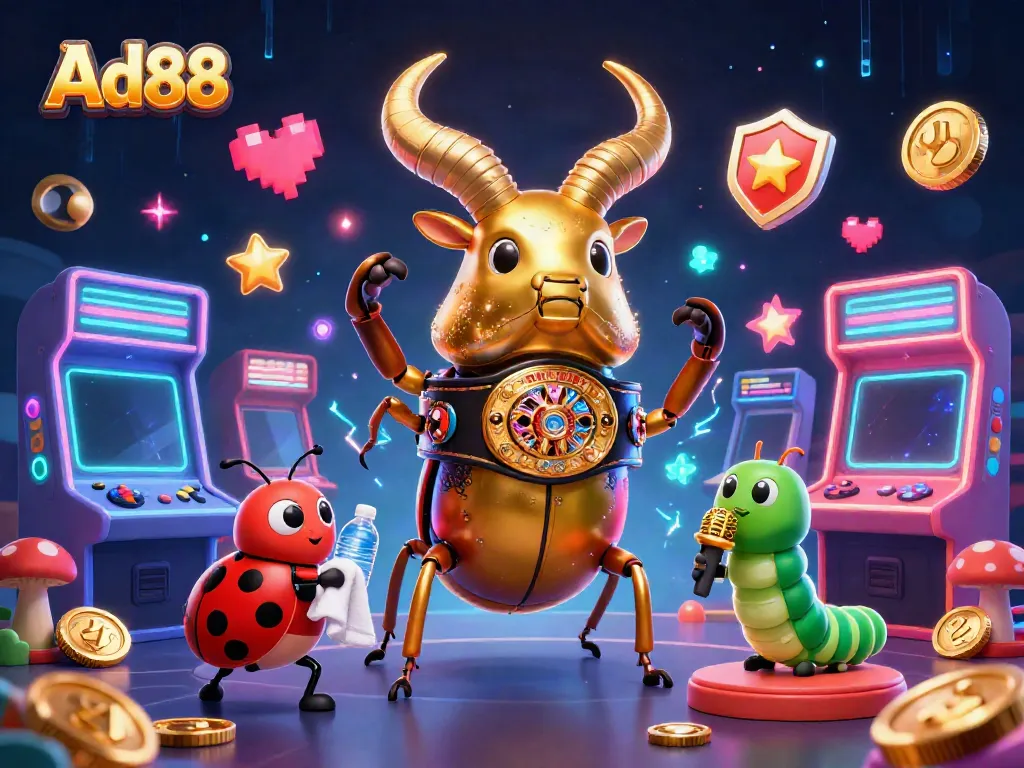 Experience intense excitement at Ad88 with a vibrant 3D casino scene featuring a boxing stag beetle and gaming elements.