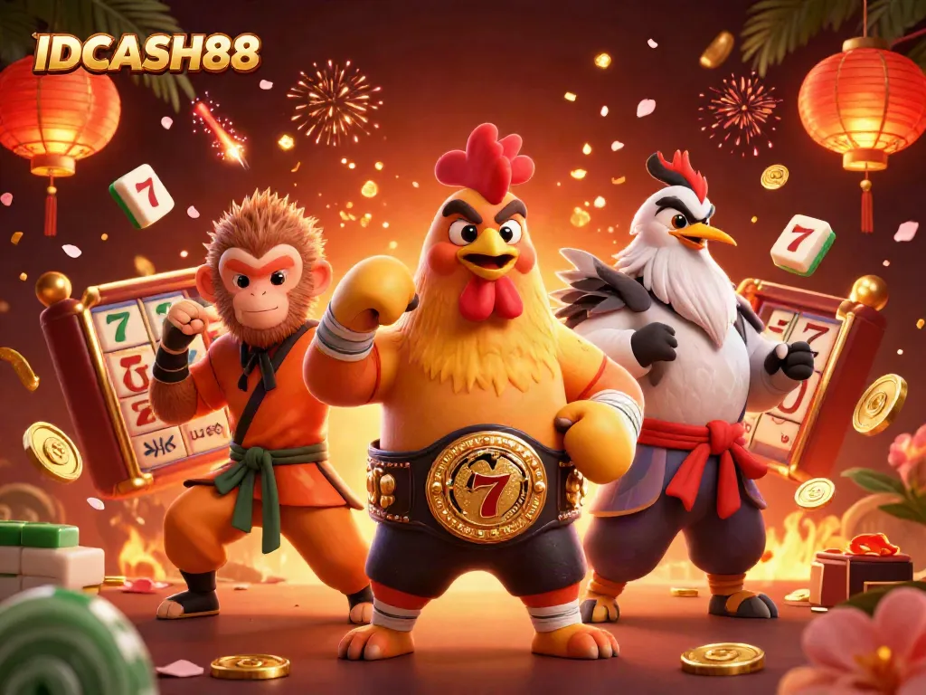 Experience thrilling gaming at IDCASH88 with a vibrant scene filled with characters and casino elements.