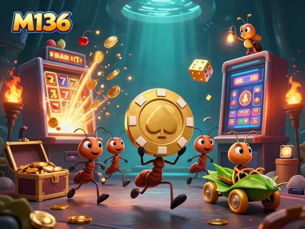 Ants heisting a golden poker chip in vibrant M136 casino world, surrounded by exploding jackpots