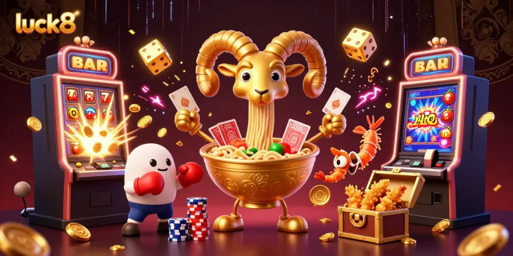 Luck8's vibrant cartoon scene with a golden ramen bowl dealer amidst slot machines and colorful casino games.