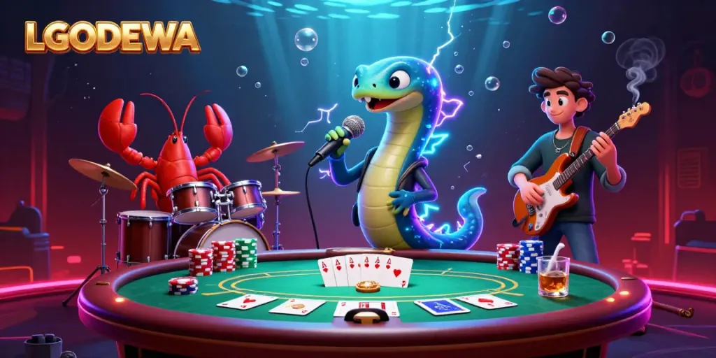 Experience the lively underwater casino stage with LGODEWA's vibrant electric eel DJ and accompanying band, showcasing a dynamic poker scene.