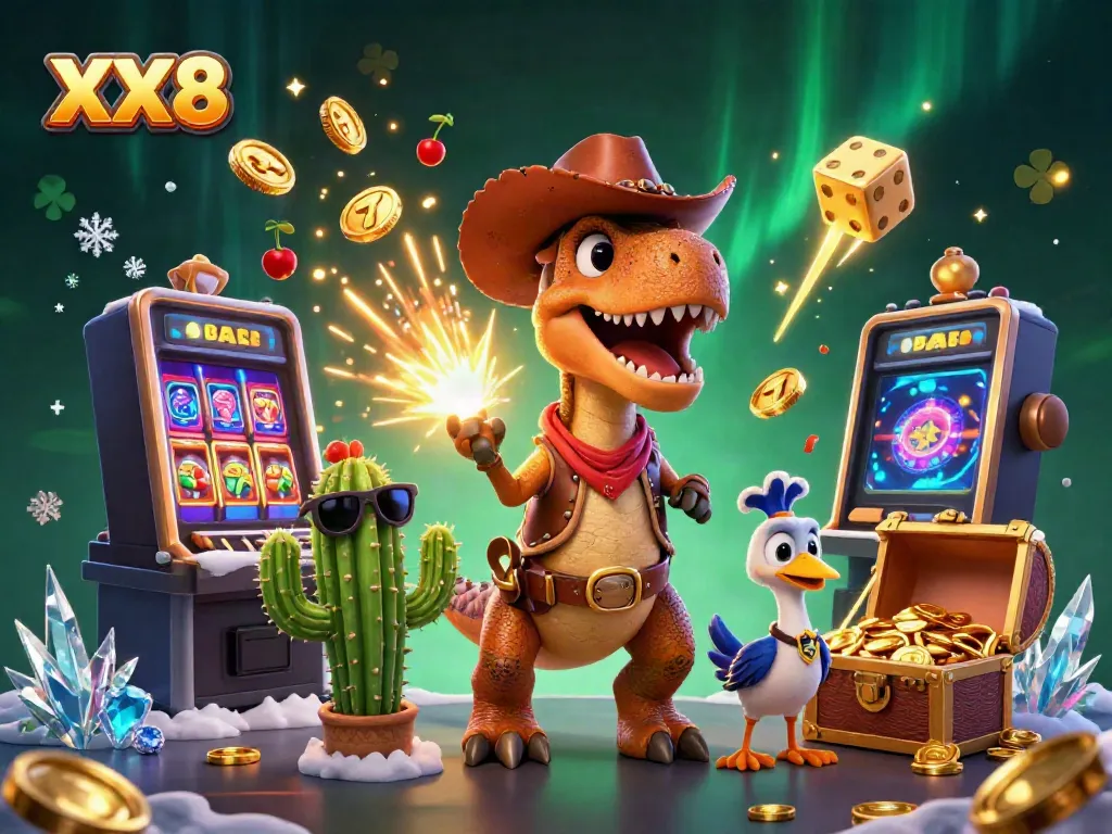 Experience thrilling gameplay with XX8 featuring cartoon characters in a vibrant casino scene.