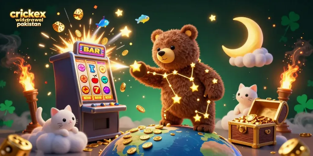 Experience crickex withdrawal pakistan with a magical scene of stars, coins, and a jackpot explosion from a slot machine.