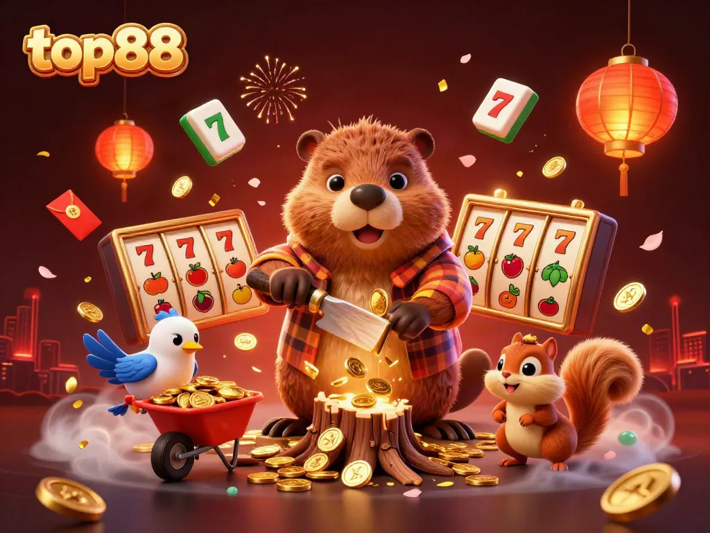 top88 beaver garners golden coins as it chops a tree in a vibrant casino scene