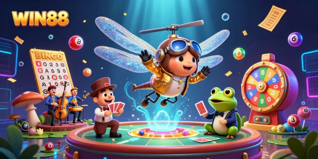 Experience thrilling luck playing at WIN88 with a lively casino scene featuring colorful elements.