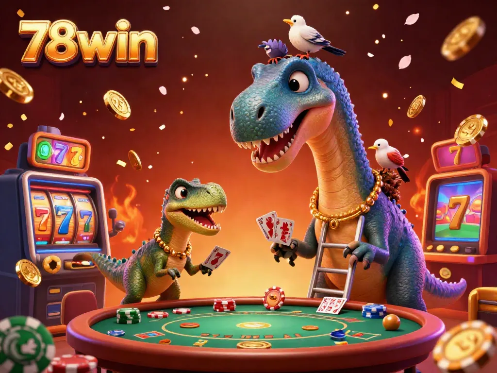 Engage with 78win's vibrant casino experience, featuring a playful brontosaurus amidst lively gaming action.