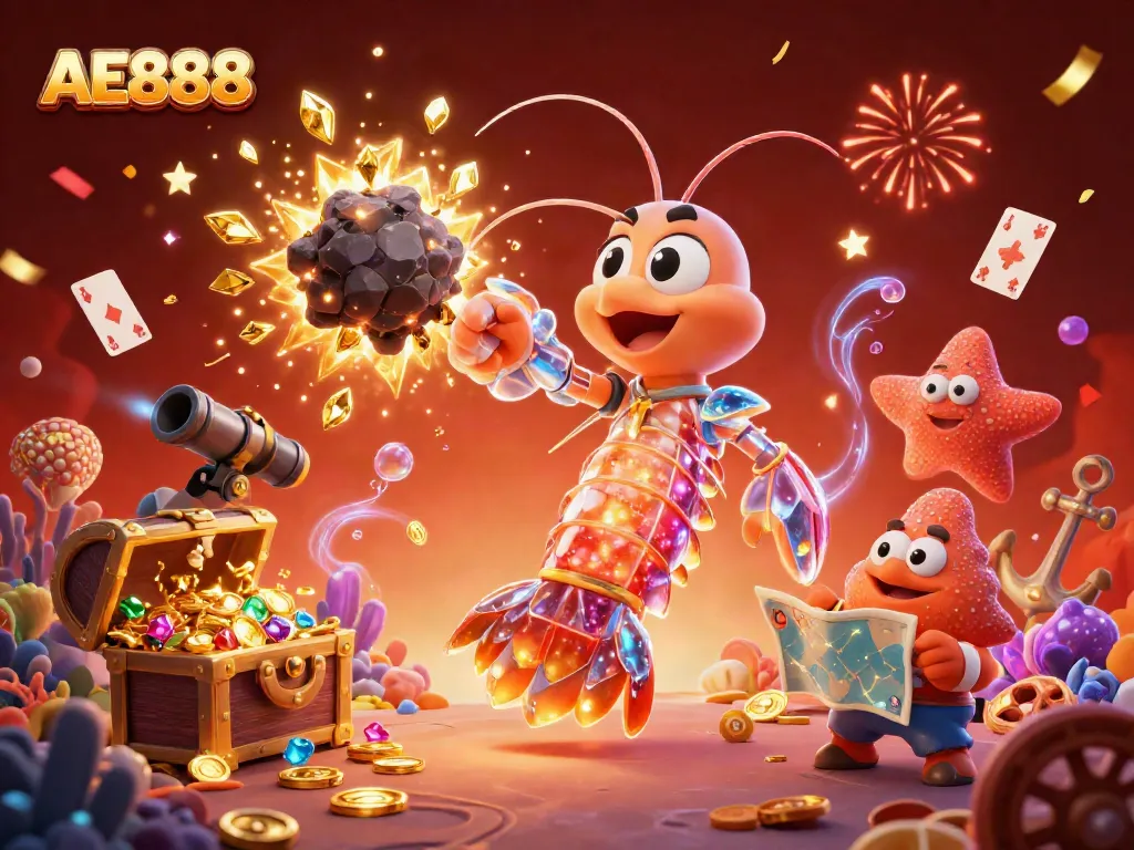 Experience the excitement with AE888 as cartoon galactic samurai shrimp battle for treasures in vibrant 3D.