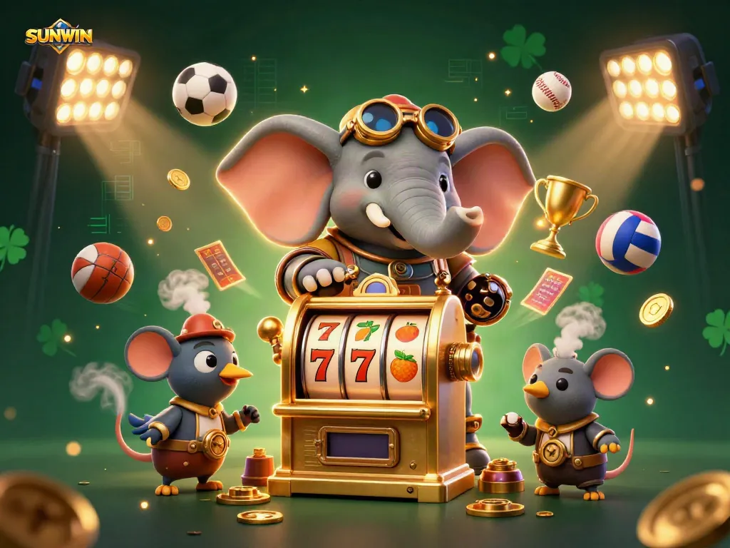 Engage with SUNWIN gaming excitement featuring a cartoon steampunk elephant by magical slot machines.
