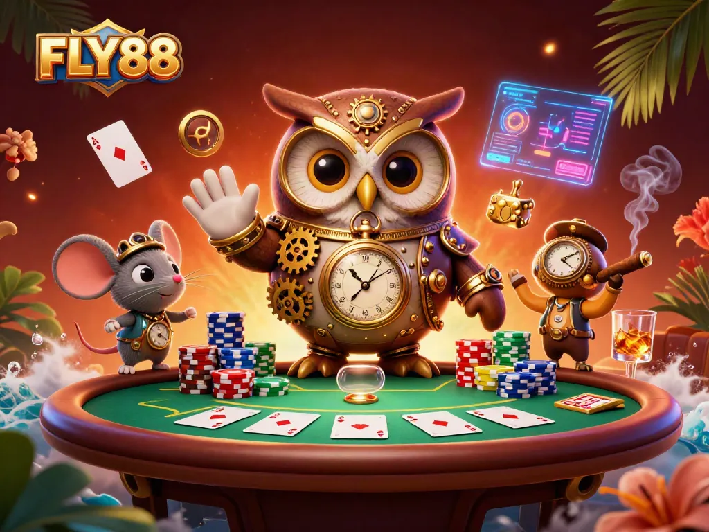 Experience the thrill with FLY88: a vibrant casino scene featuring an owl and mouse amidst poker dynamics.