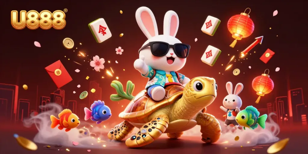 U888 offers thrilling gaming experiences with a vibrant scene of a lucky rabbit and a sea turtle.