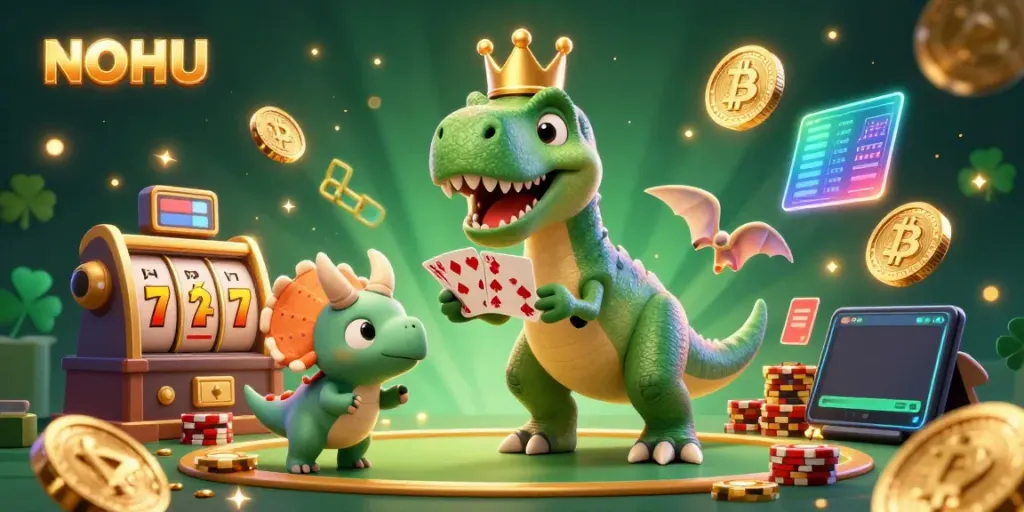 Engaging NOHU casino scene with T-Rex, pterodactyl, and triceratops playing cards and stacking chips.