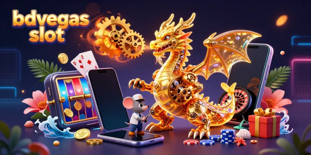 Experience thrilling gameplay at bdvegas slot with golden dragons and vibrant casino elements.