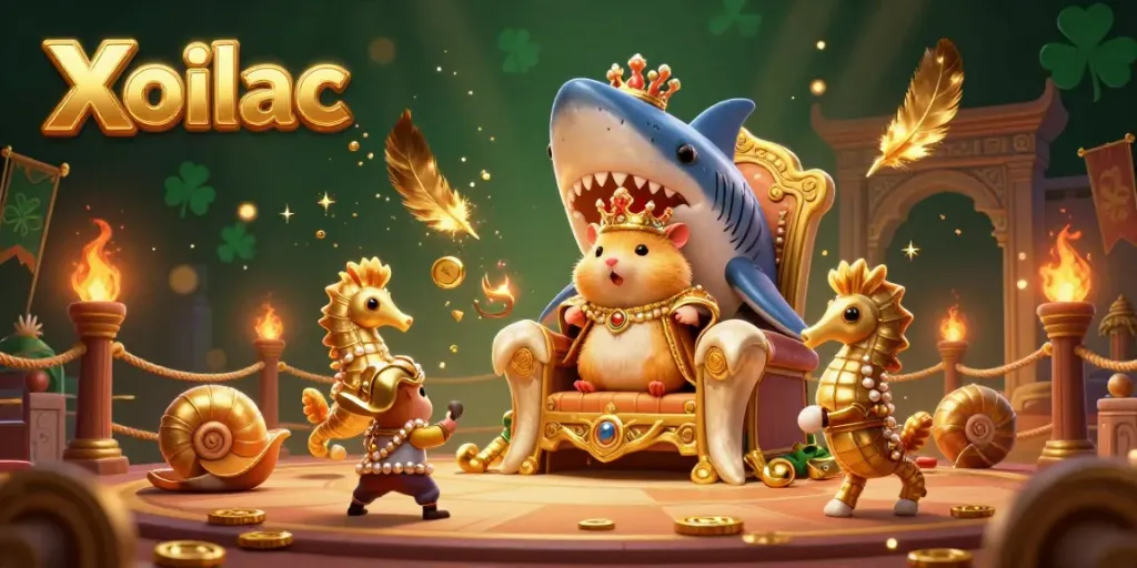 Xoilac enhances sports betting excitement with a whimsical golden hamster king and dynamic gambling visuals.