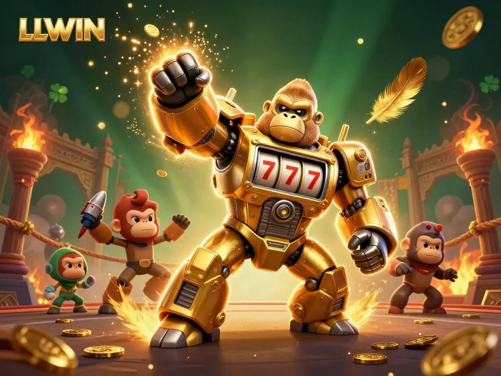 Experience the excitement of LLWIN with a dynamic 3D illustration featuring a golden gorilla mech and slot machine elements.