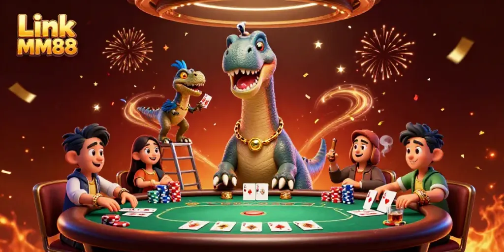 Experience Link MM88, featuring a towering brontosaurus at a poker table amid colorful casino elements.