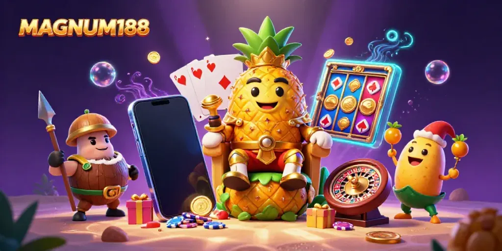 Experience MAGNUM188's vibrant beach casino scene with a golden pineapple king and thrilling games.