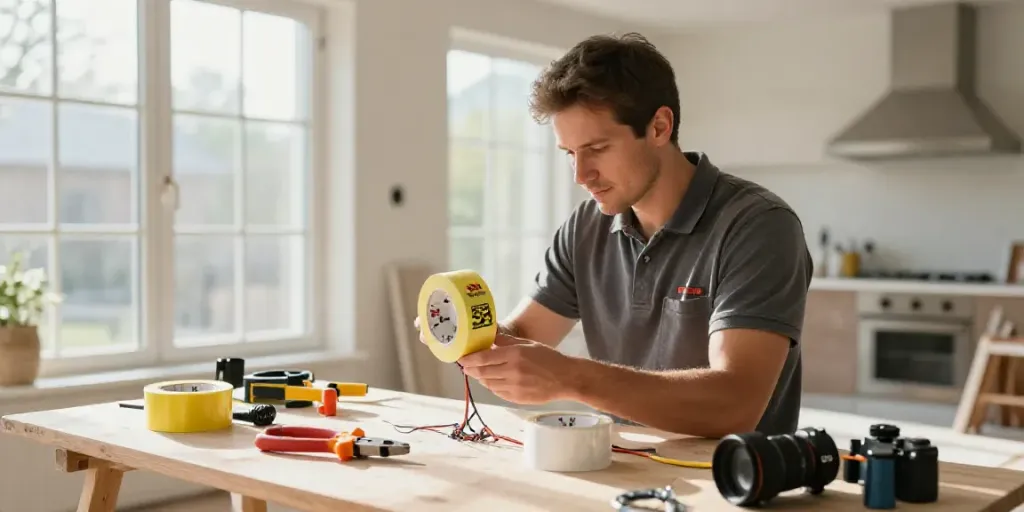 Electrician using Super33 Daftar tape in a modern renovation scene.