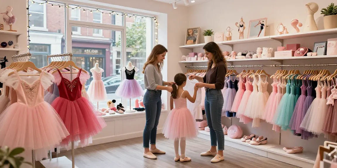 Colorful tutu store displaying vibrant dance costumes and accessories.