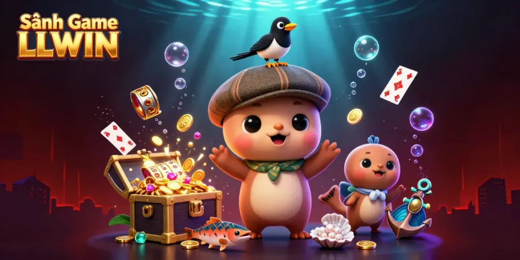 Win big with Sảnh Game LLWIN featuring colorful slot elements and playful characters.