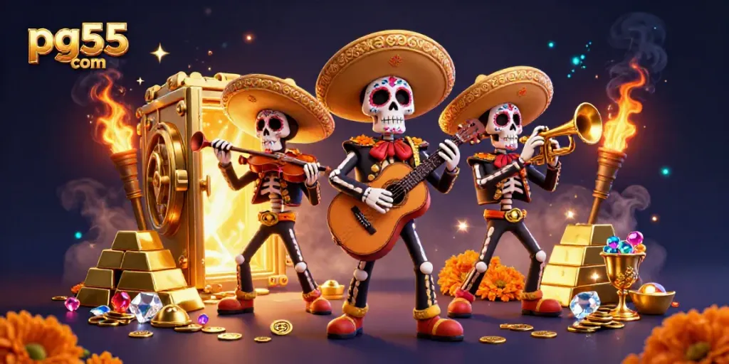 Join the vibrant mariachi band at pg55 com, celebrating with treasure and casino games!