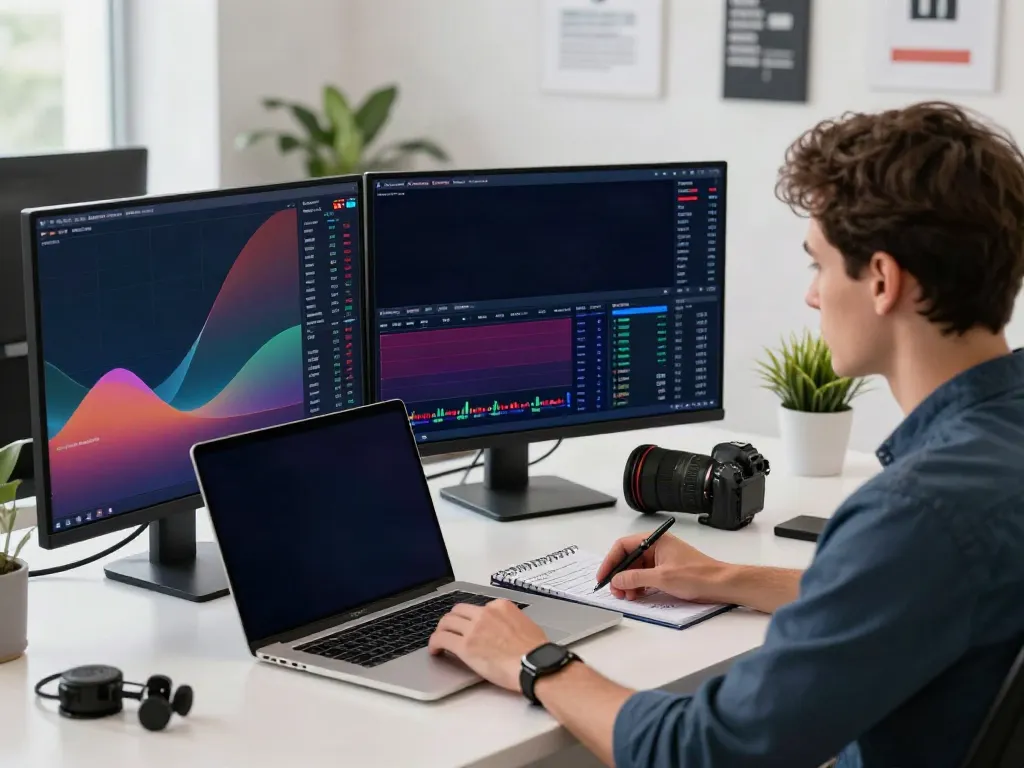 Dynamic trading scene with TradingView charts in a modern workspace.