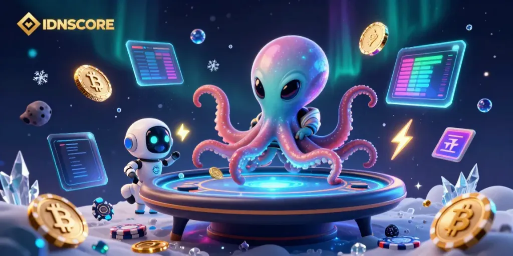 Engage with IDNSCORE's vibrant cartoon casino world featuring an alien octopus and robot by a holographic poker table.