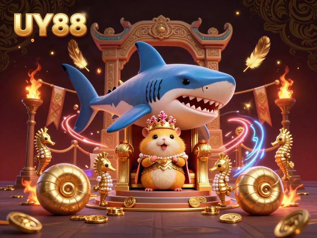 Experience the vibrant gaming world of UY88 with a fierce golden hamster king on a shark throne amidst mystical elements.