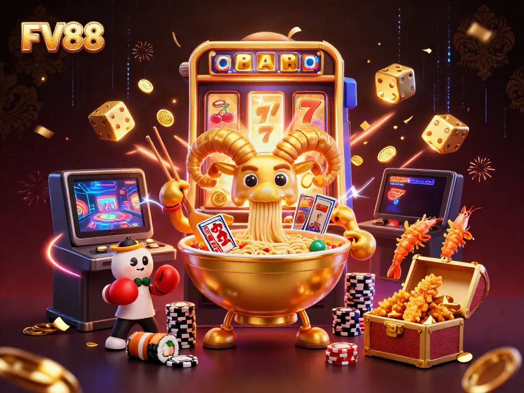 Witness the vibrant FV88 casino scene with a golden ramen bowl dealer and dynamic elements.