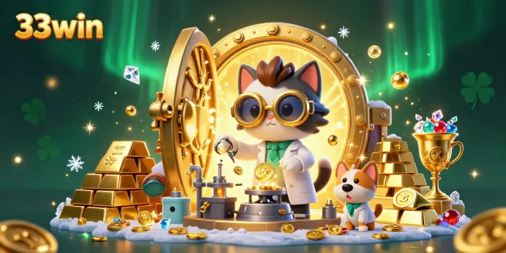 Engage in thrilling gaming with 33win's rich 3D casino experience featuring vibrant gold coins and dynamic characters.